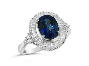 White Gold Baguette halo and Sapphire ring