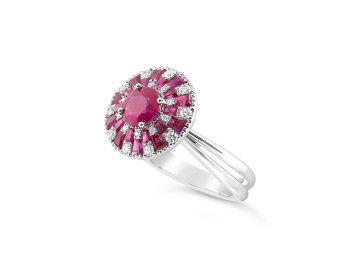 White Gold double halo Ruby and Diamond ring