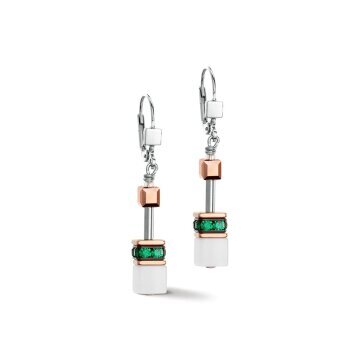 GeoCube Fresh White, Rose Gold & Emerald Earrings